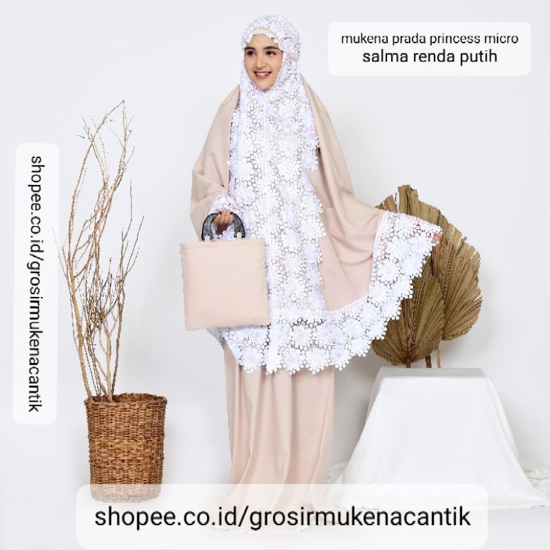 Mukena prada princess SALMA micro renda putih | mukena katun/Terbaru