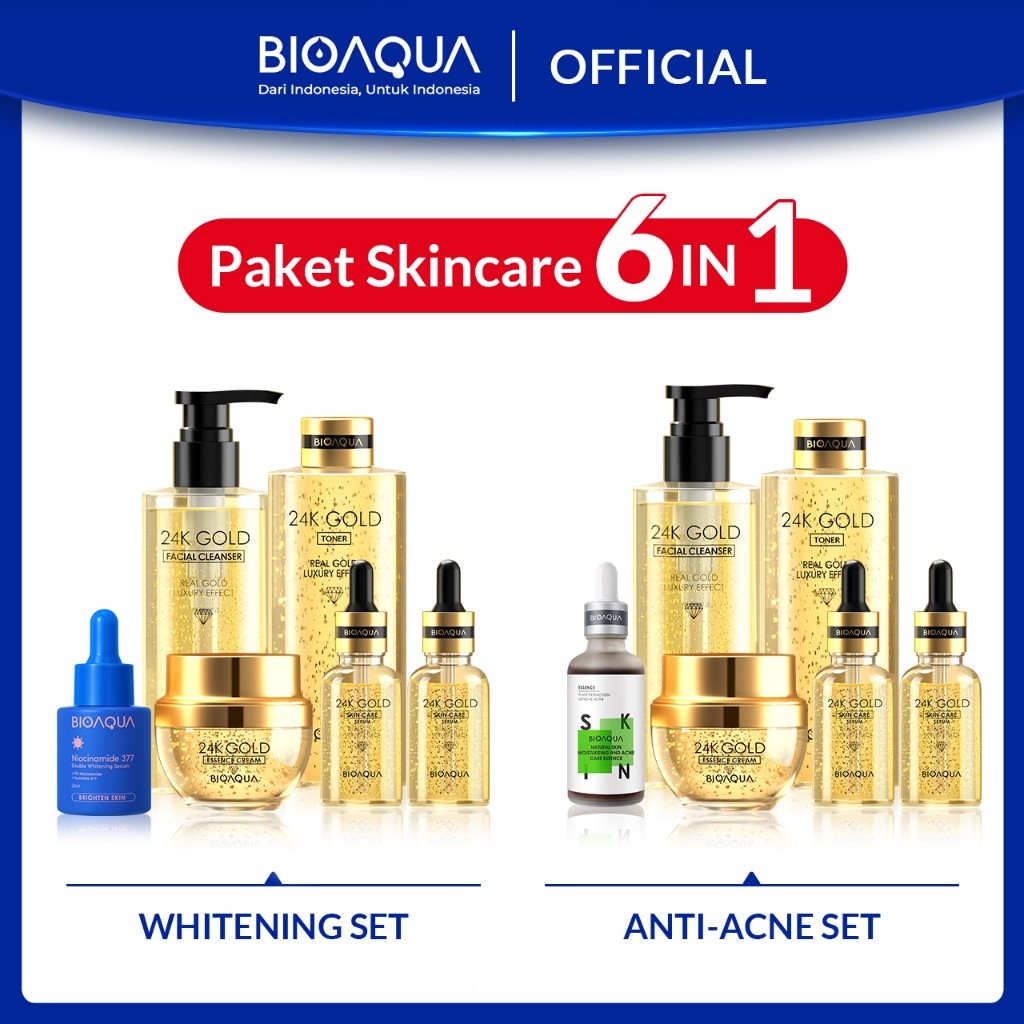 BIOAQUA Skincare 1 Set Lengkap 6pcs With Brightening Serum Wajah / Acne Essence / Day & Night Pelemb