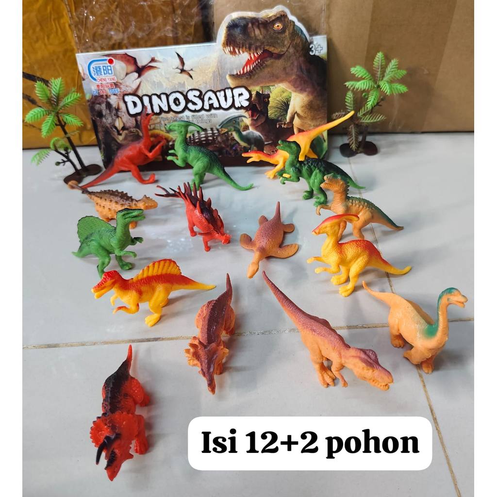 Mainan Miniatur Dinosaurus isi 12pcs dengan Pohon Mini / Mainan Dinosaurus Tyrex Anak Besar