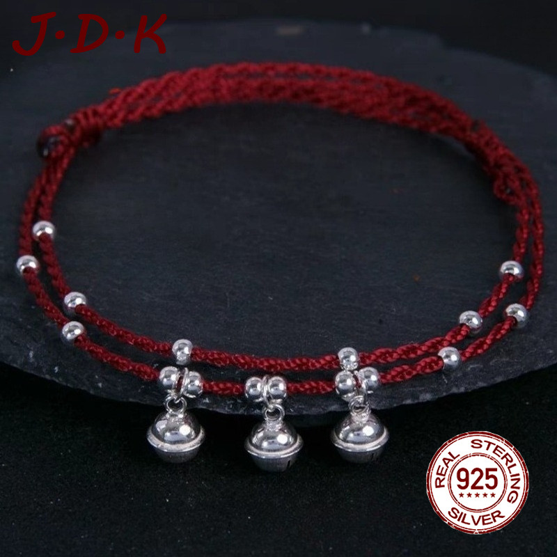JDK Gelang Kaki Lonceng Perak 925 Wanita Tali Merah