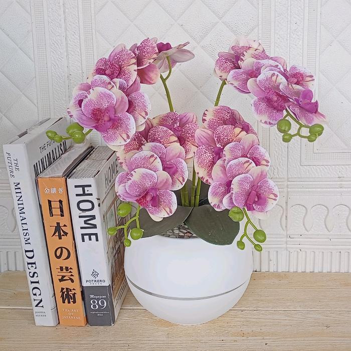 promo  -bunga anggrek latex 4 cabang murah vas bulat Plastik - biru