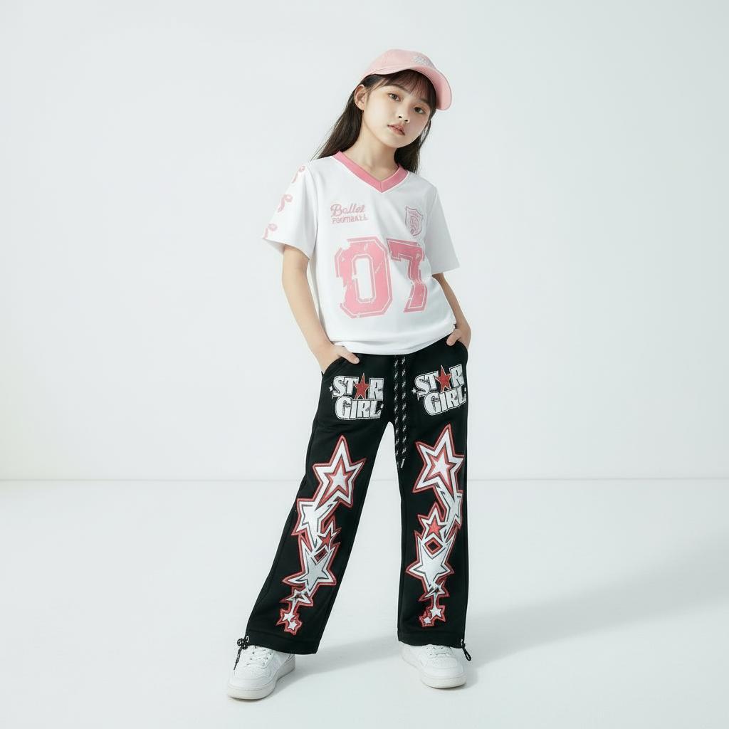 Setelan Anak Streetwear "Star Girl" Trendi Kaos Jersey V-neck Sporty + Celana Bintang Panjang Skenaa