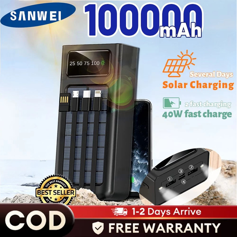 Solar Power Bank100000mah Original 100% Fast Charging 22.5W PD20W 4 USB Ports Powerbank Power Bank O