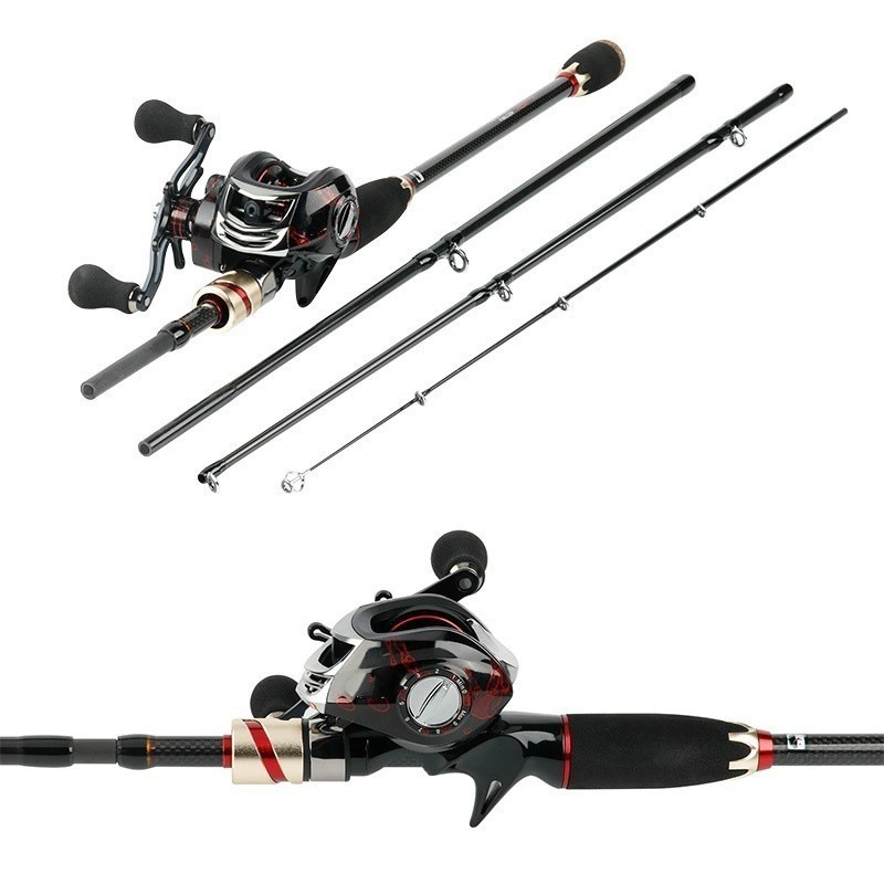 Sougayilang Casting Fishing Set 4 Sections Carbon Fiber Fishing Rod and 17+1BB Casting Fishing Reel 
