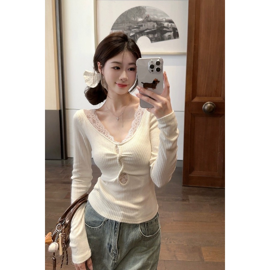 Aroana Lace rajutan sweater wanita lengan panjang v-neck bottoming shirt celana ketat manis dan peda