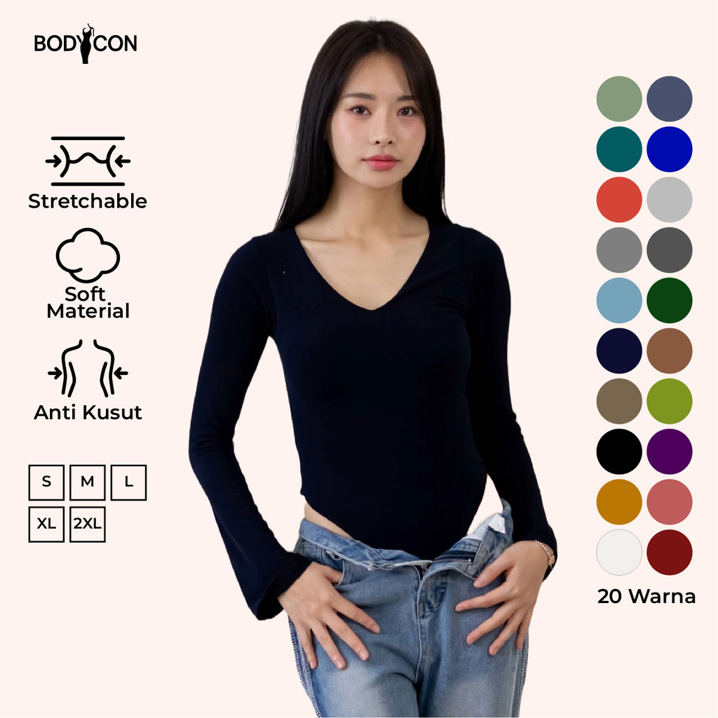 BODYCON Nayeon | Bodysuit Wanita Polos Lengan Panjang - Model V Neck Slim Fit  | Ukuran S - XXL
