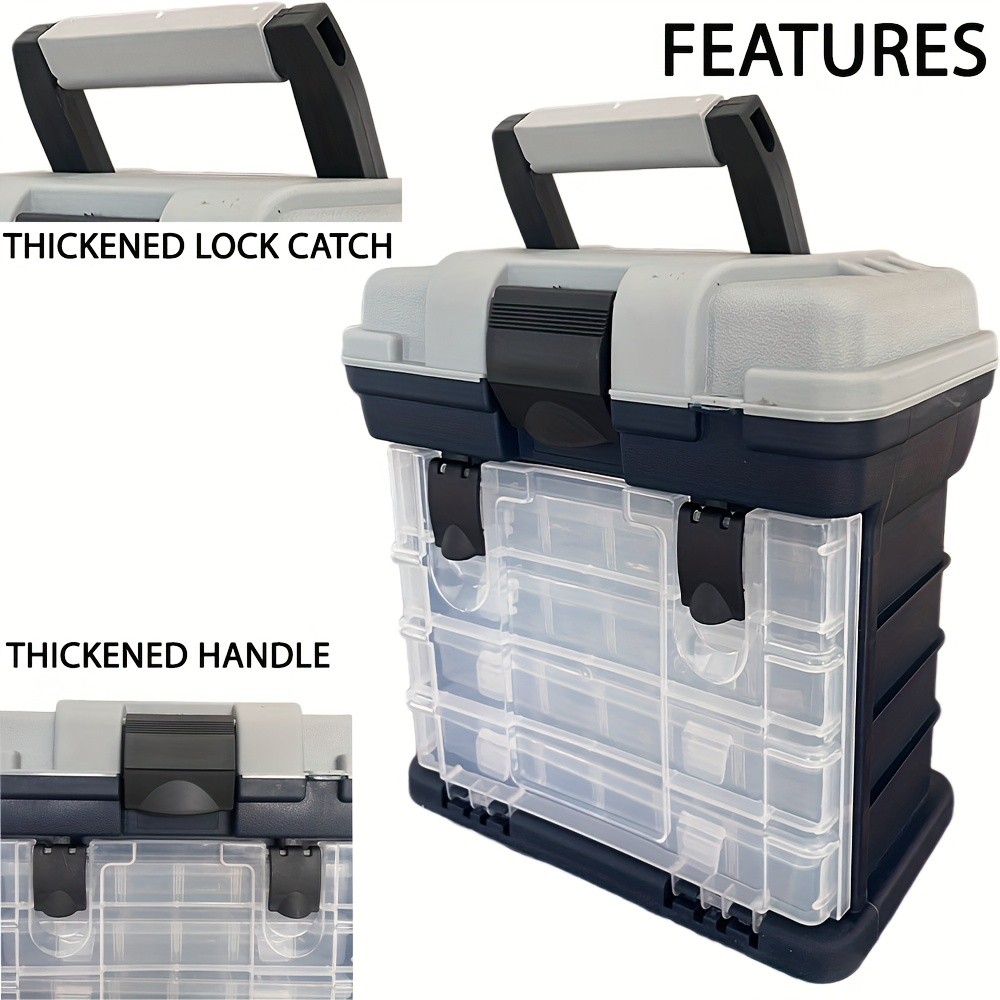 A portable fishing tackle box, a four-layer bait box, a grey fishing accessory storage box, a plasti