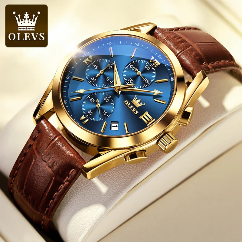 OLEVS New Men's Fashion Wat With Brown Leather Strap.Men Casual Sports Quartz Movement Waterproof Wa