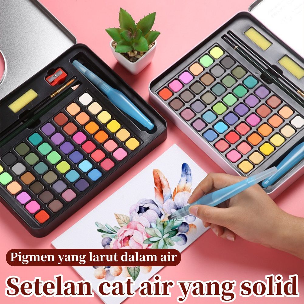 Cat Cat Air Bonus Kuas Dan Kertas Gambar Cat Air Padat Solid Watercolor Set 36/48 Warna Cat Air