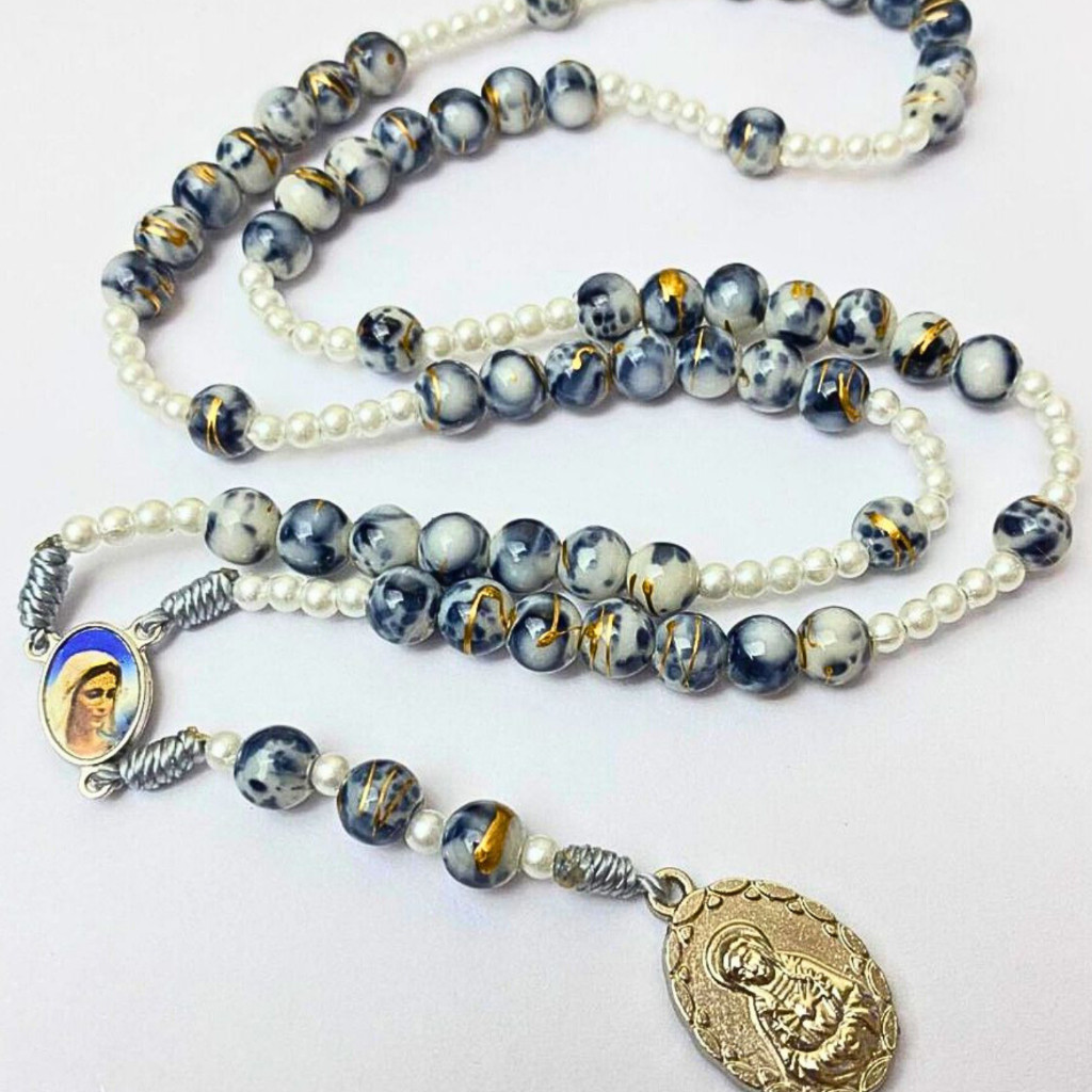 FLASH SALE  Kalung rosario 7 (tujuh) dukacita bunda maria bahan akrilik marmer bercorak emas (Tahan 