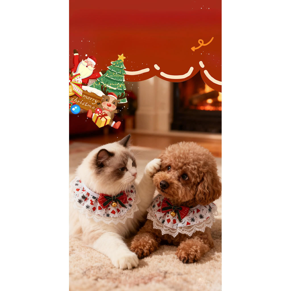 Tail Planet COD  Syal Natal Renda untuk Hewan Peliharaan dengan Pita Bunga, Kerah Kucing/Anjing, Pit