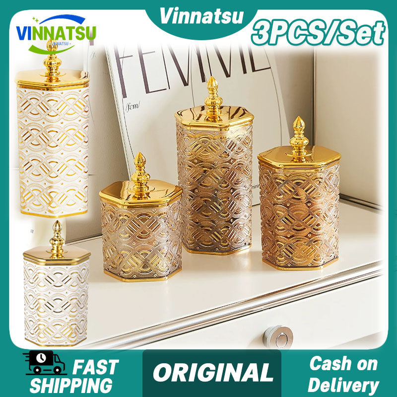 Vinnatsu 3PCS Toples Set Emas Mewah Toples Kedap Udara Besar Aesthetic Toples Kue Kering Toples Hari