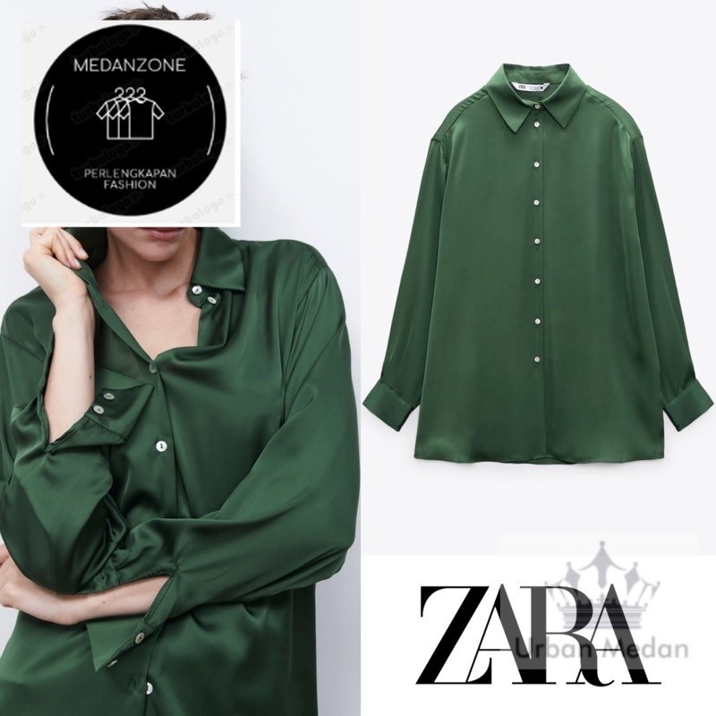 Zara satin zr oversize green shirt kemeja new hm
