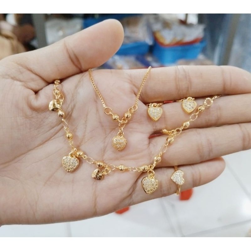 TERLARIS PERHIASAN FASHION WANITA Set perhiasan anak Titanium Rose gold komplit 1 set motif love lap
