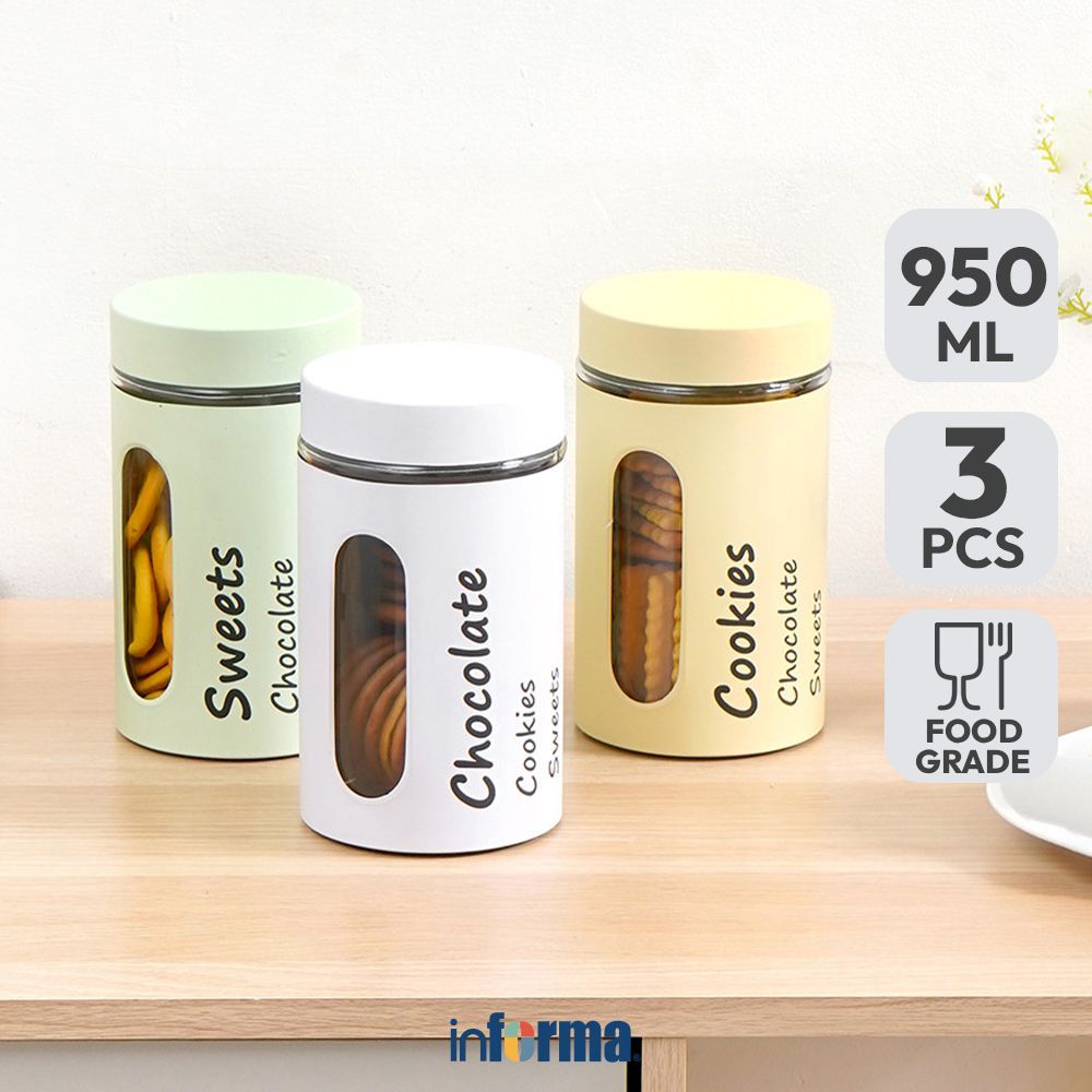 Informa Halston Set 3 Pcs Stoples Kaca Random Tempat Simpan Snack Dan Permen Setoples Toples Kaleng 