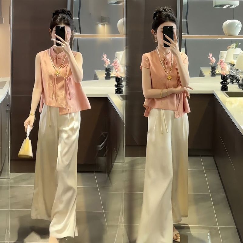 Set Jacquard Pakaian Wanita Atasan Celana Lebar Dua Potong