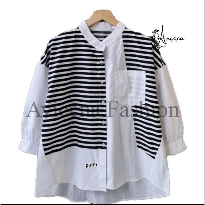 Poppy Tunik 9391 – Katun Salur Elle Import Korean Style – Kemeja Wanita Katun Salur Import Terbaru