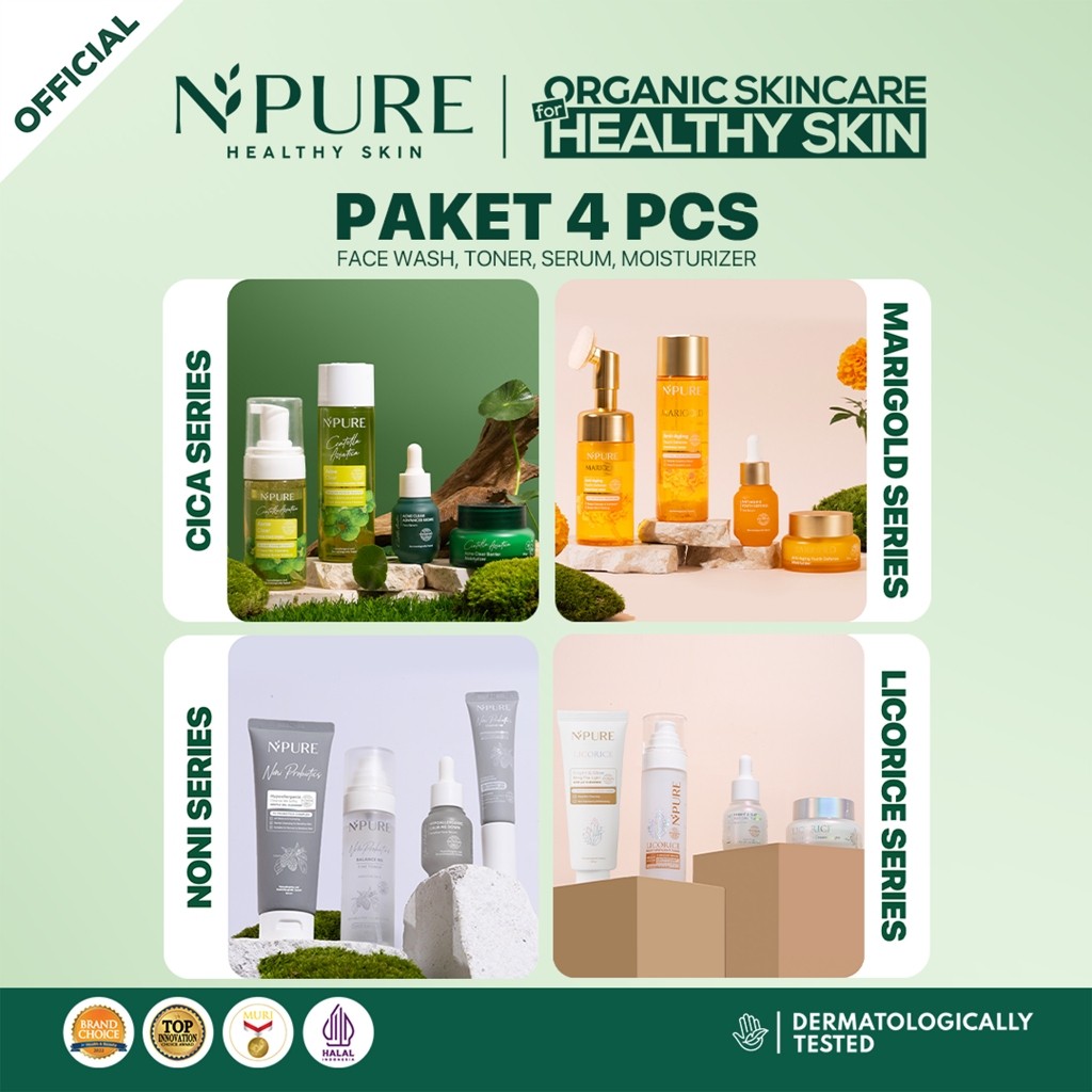 PAKET 4PCS - NPURE Paket Face Wash + Toner + Serum + Moisturizer Cica Acne - Marigold Anti Aging - N