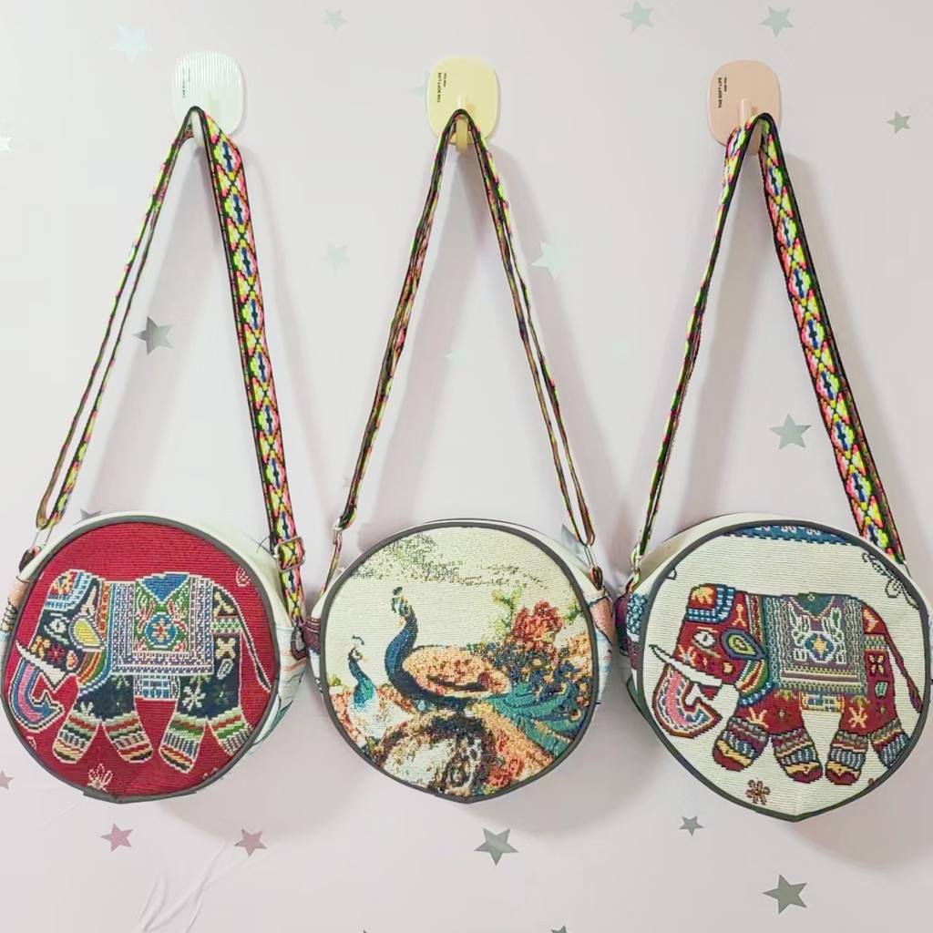 Tas Selempang Gaya Etnik Bordir Dua Sisi Gajah Merak Tas Bahu Tas Ponsel