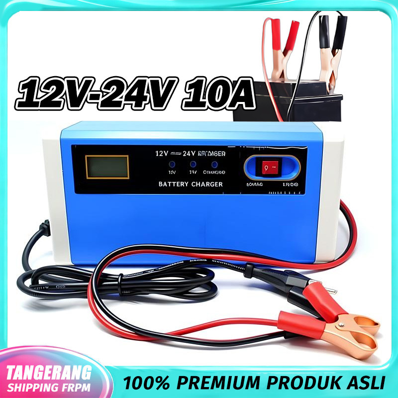 Charger Aki Mobil Motor 12V-24V 10A Portable Otomatis LCD Digital Display / Cas Aki Cerdas dengan Ch