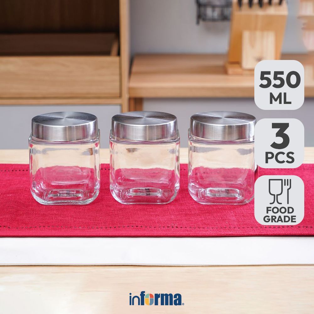 Informa Elemental Kitchen Set 3 pcs 550 ml Stoples Kaca Jar Tempat Simpan Snack Dan Permen Setoples 
