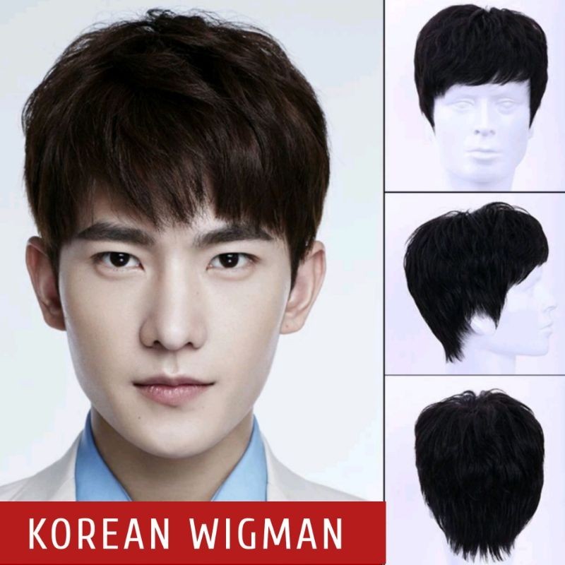 Wig Pria Rambut Pendek Poni Panjang Tebal Warna Hitam Rambut Palsu Cowok Poni Korean Wigman