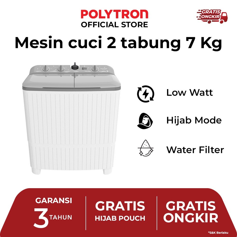 POLYTRON Mesin Cuci 2 Tabung Giant Series Hijab 7 KG - PWM 7076Y JURAGAN