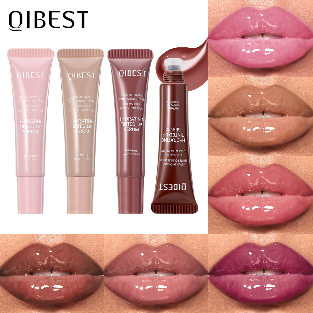 QIBEST Lipstik Cair Pelembap Bibir, Lip Gloss Jeli Minyak, Lipstik Cair Tahan Lama, Serum Pelembap B