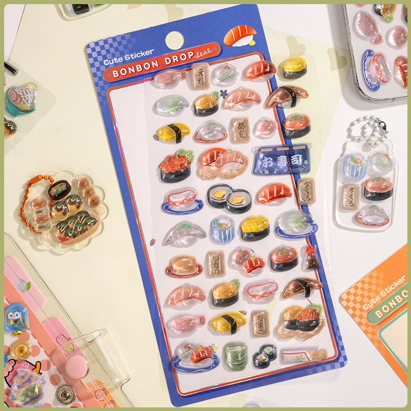 4 pcs Japanese Kawaii Food Sushi Drop 3D Relief Stickers Scrapbooking Y Journaling Stationery ary De