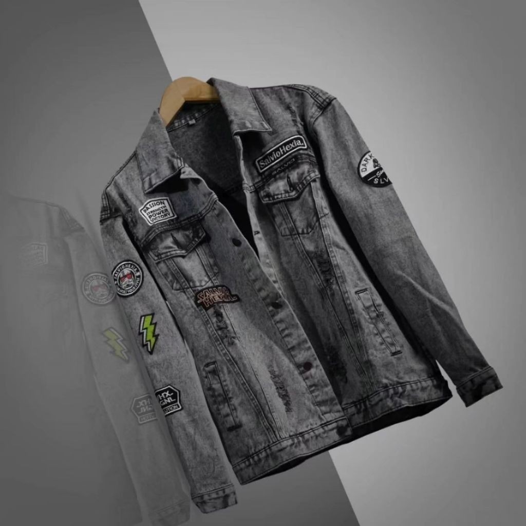 Jaket Jeans Bordir Salviohexia - Jaket Denim Cowok SLVHX Oversize Full Patch - Jaket Jeans Jumbo