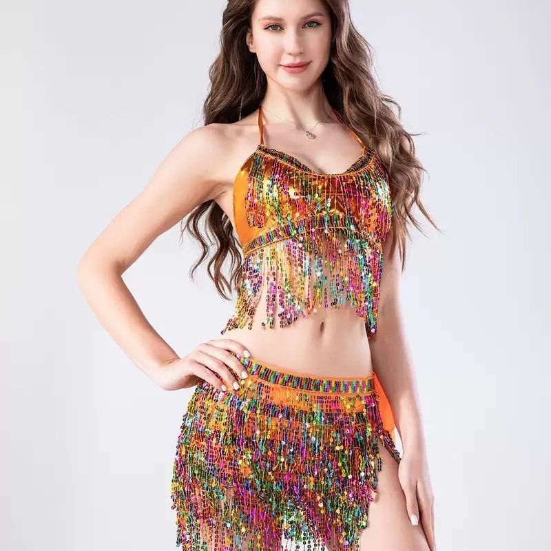 Belly Dance Sequin Tassel Performance Costume Set Performance Outfit
