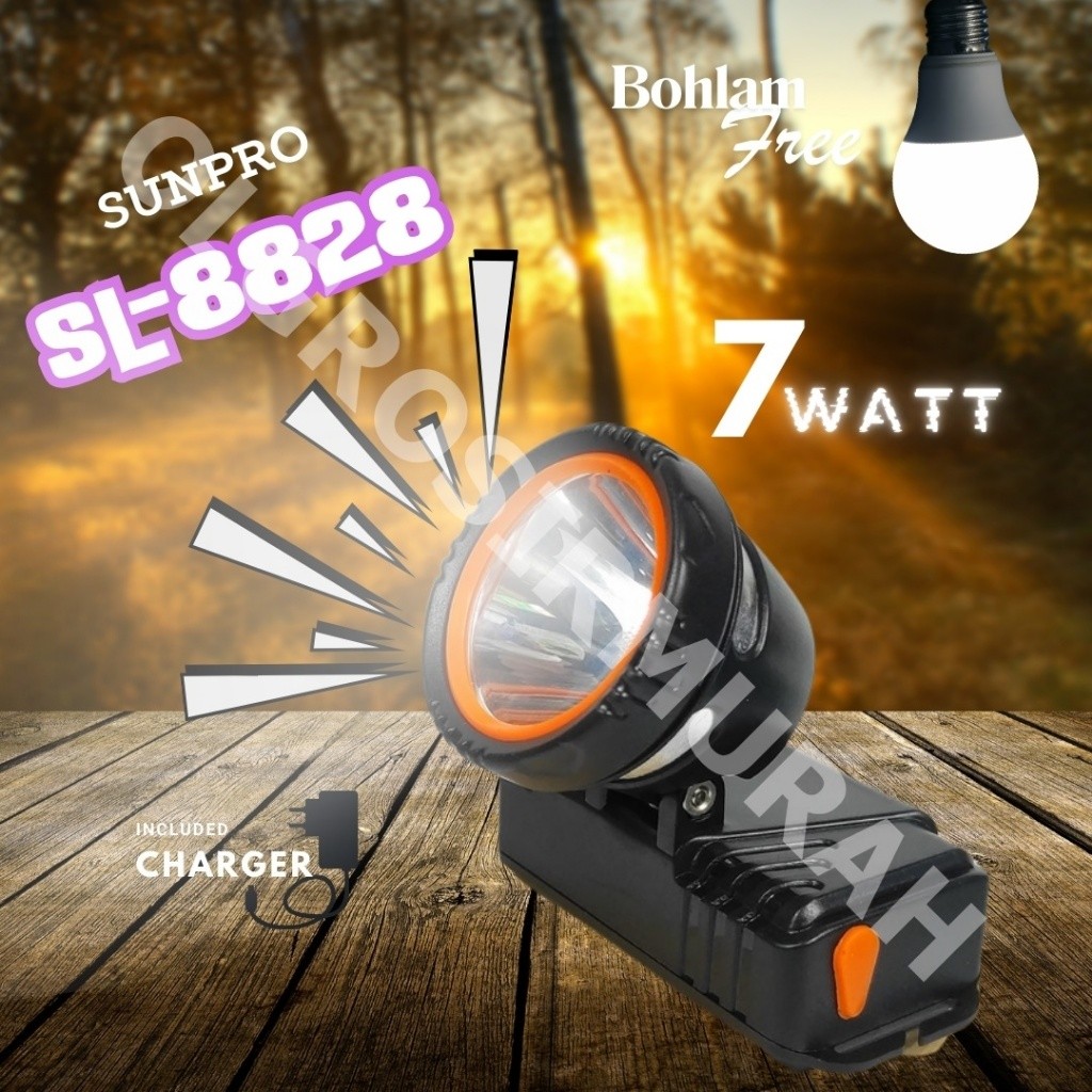 BARU New Senter Kepala Headlamp Sunpro SL- 8828 Putih 7Watt Charger Original