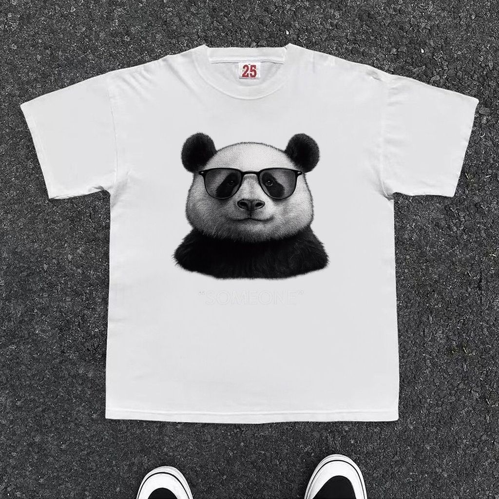Kaos Putih Panda Berkacamata Hitam Oversized boxy fit Pria Dan Wwantia Unisex Gaya Seni Bergaya