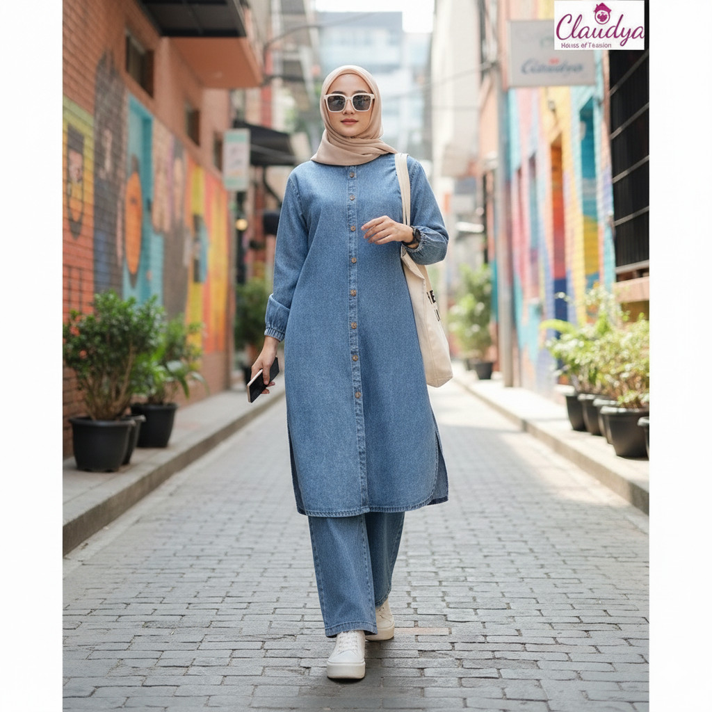 Jammi Set Tunik LD 100-130 Top Celana Setelan Wanita Jeans Jins Denim Terbaru
