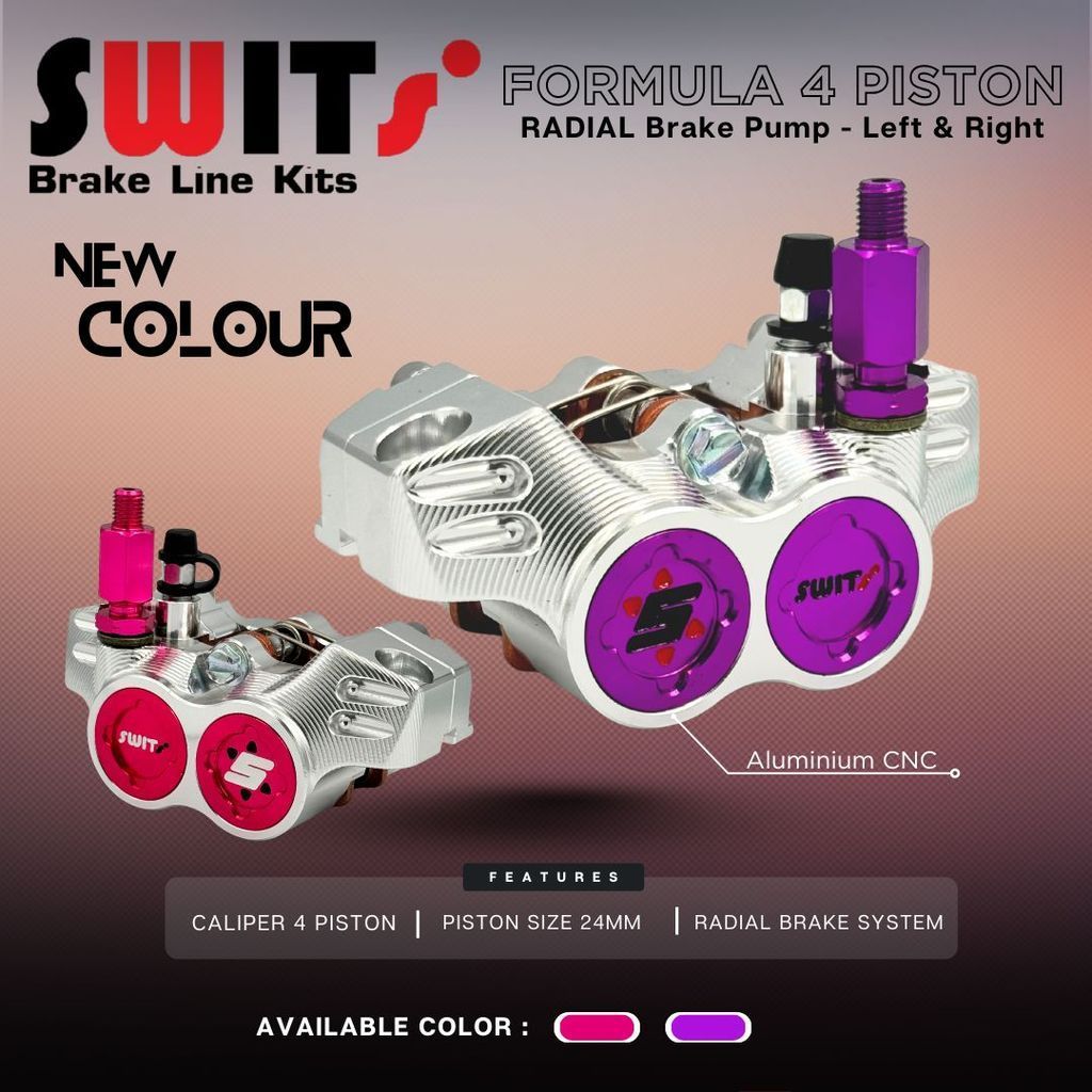BM Kaliper Formula 4 Piston SWITS Kanan & Kiri Coin Pink & Purple Bahan Full Aluminium CNC