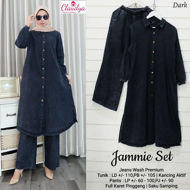 Jammie Set Tunik Top Celana Setelan Wanita Bahan Adem Tebal Tidak Kaku Jeans Jins Denim Terbaru