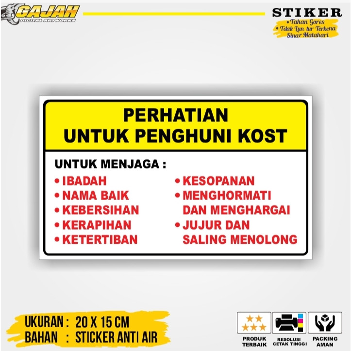 Stiker Aturan Penghuni Kost