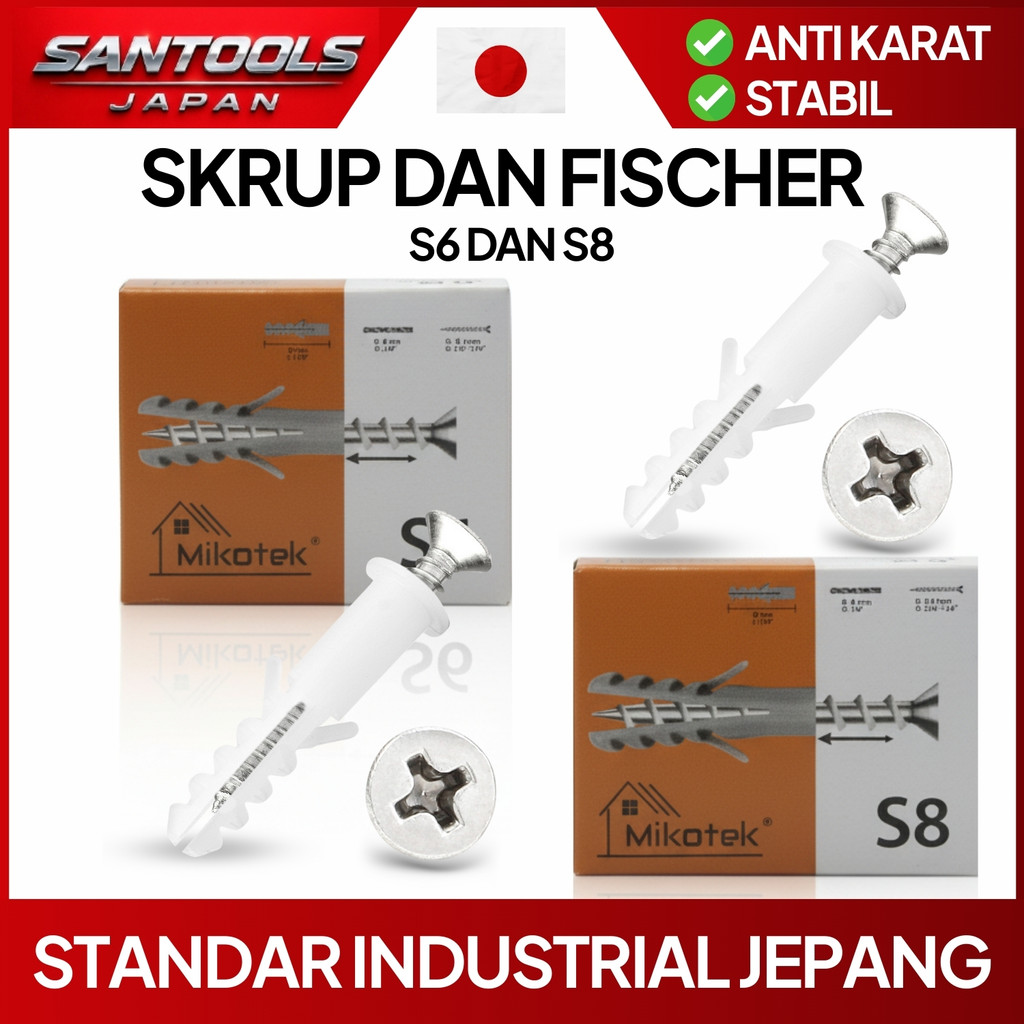 Set Skrup Fischer S6 S8 Screw Wall Plug Dowel Plug Untuk Beton Tembok Gypsum Kayu Anti Karat