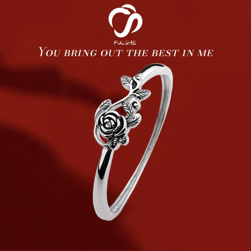 FULSHE Cincin Mawar Hitam Romantis Perak Thailand Vintage Berlapis 925 Untuk Wanita
