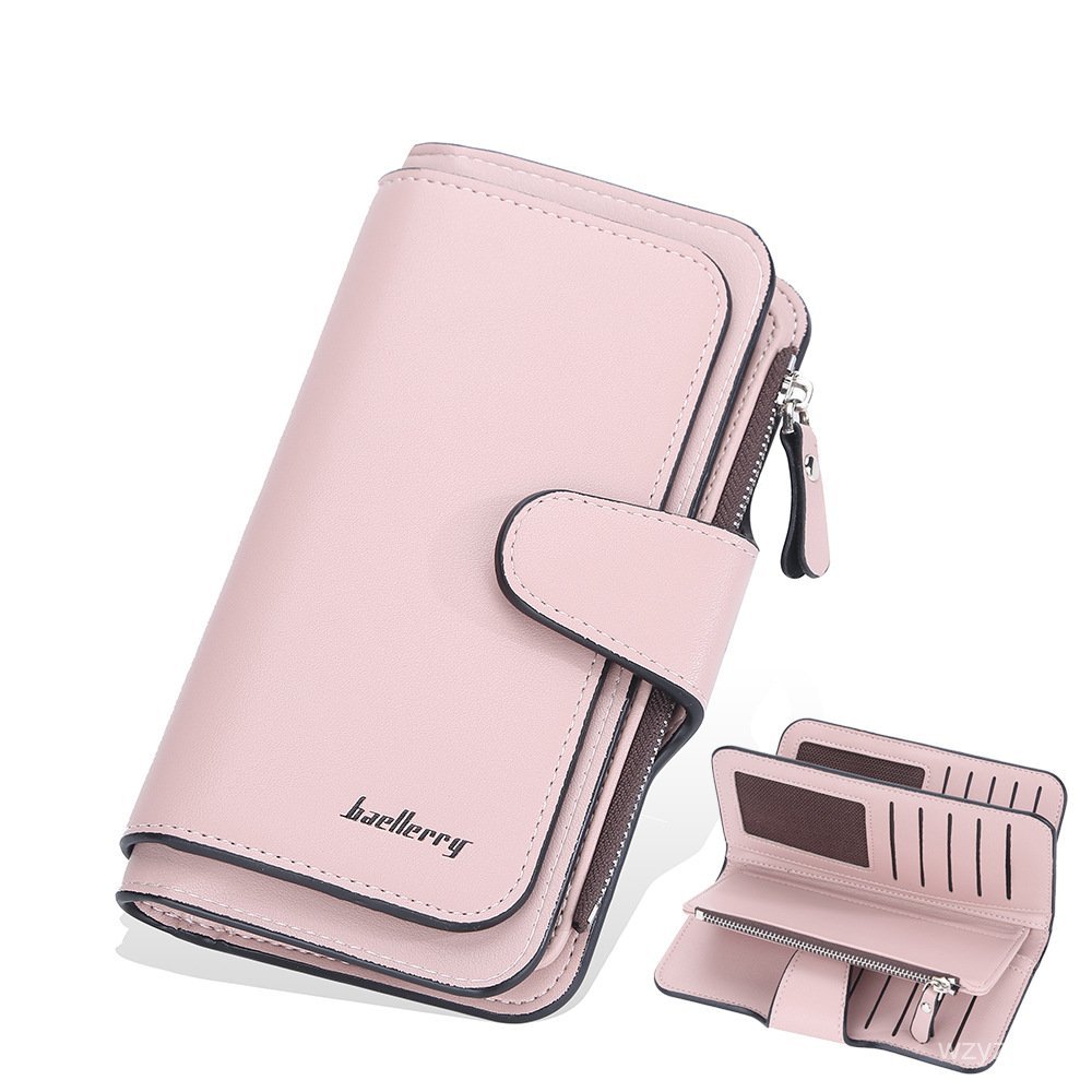 Mantel Panjang Wanita PU Dompet Ritsleting Gesper Slot Multi-Kartu Lipat Tiga Kapasitas Besar Dompet