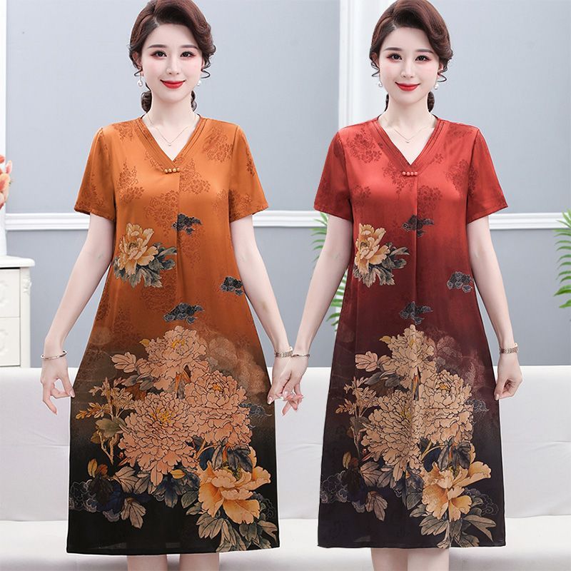 Ibu musim panas v-neck gaun Cina angin ukuran longgar lengan pendek pesta gaun hadiah Ibu