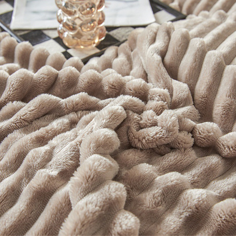 Ultra-soft Faux Rabbit Fur Plush Blankets For Beds Autumn Winter Warm Solid Color Striped Coral Flee