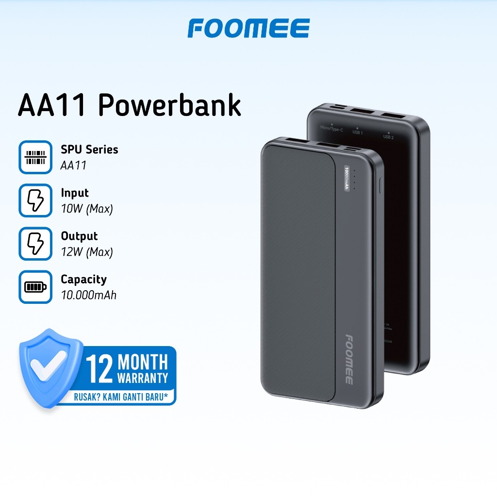 [FOOMEE ] AA11 | Powerbank AA11 2-Port USB-C/1-Port Micro-USB/2-Port USB-A | 10000mAh | 12W Max Outp