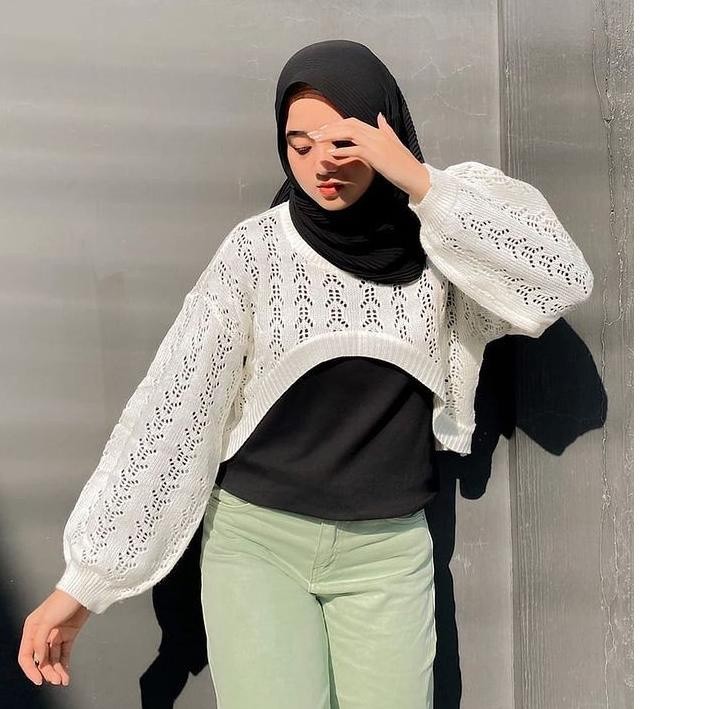 Crop Rajut Balon Yura Korean Overzise Lengan Balon / Korea Knit Outer Crop Top Lengan Balon Oversiez