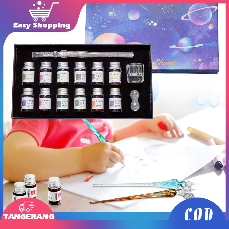 Pena Kaca Glass Dip Pen Set Calligraphy Glass Pen Dengan 12 Tinta