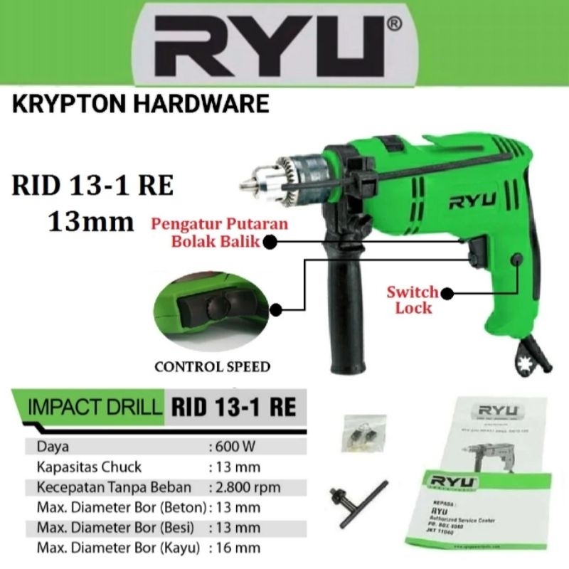 Ryu by tekiro mesin bor listrik 13mm impact / beton type RID 13-1RE ( original ) kayla tools