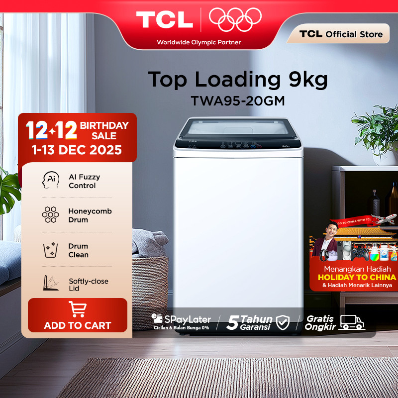 TCL Mesin Cuci 1 Tabung - Top Loading 9 KG - Honeycomb Crystal Drum - Auto Cleaning - Eight Wash Pro