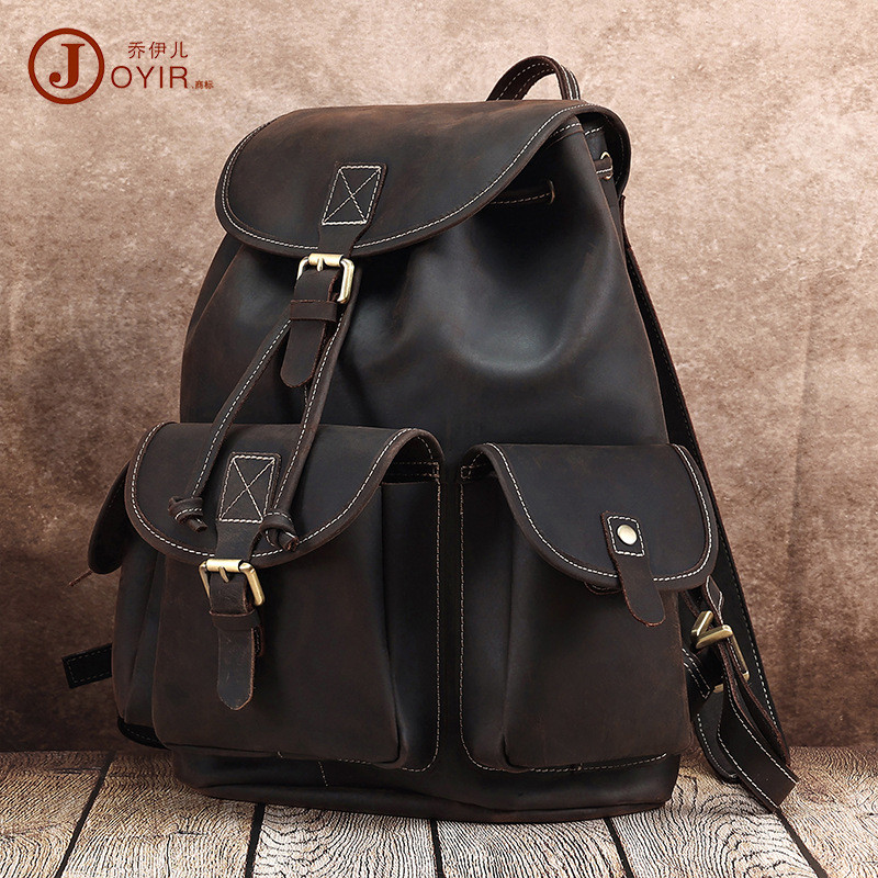 Crazy Horse Leather Backpack Flip Drawstring Men's Travel Bag Genuine Leather Backpack Men