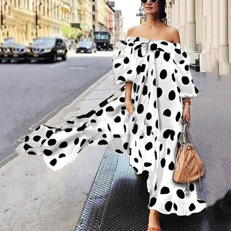 2025European and American Women's Dress Off-Shoulder Polka Dot Casual Bohemian Long Dress Gown