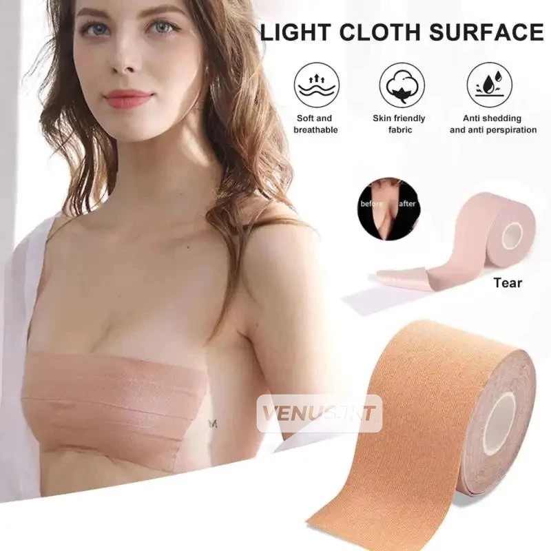 Boob Tape Body Tape 5 Meter Bra Tempel Silikon Elastis, Angkat Payudara Instan, Penutup Puting Wanit